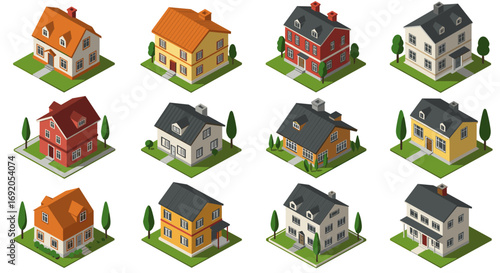 Collection of isometric houses in various designs and colors