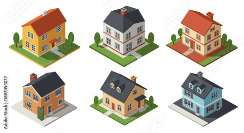 Charming set of isometric houses with trees and yards in various styles and colors