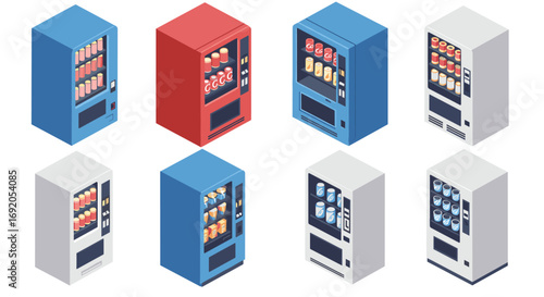 Isometric vending machines collection with various snacks and drinks