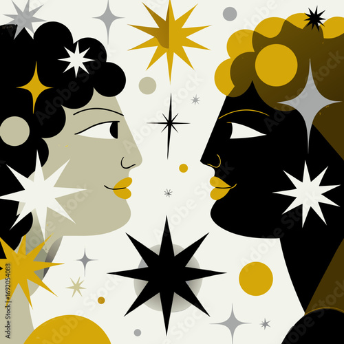 Abstract illustration of two faces in profile with stars and circles  