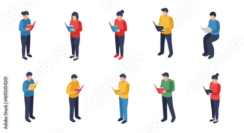 Diverse people in isometric style engaged with books and laptops