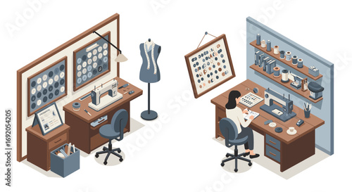 Isometric tailor workshop with sewing machines and tools in minimalist style