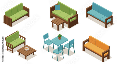 Colorful isometric outdoor furniture sets with tables and chairs on white background