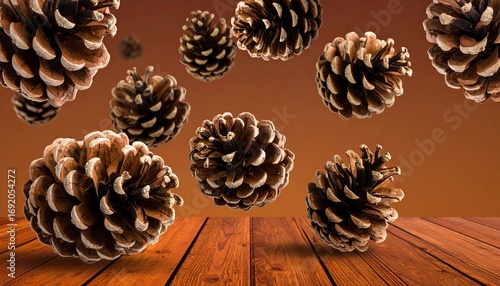 Pine cones floating over a wooden surface