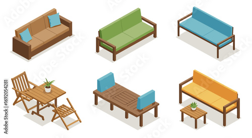 Isometric outdoor furniture set: stylish sofas and chairs with cushions