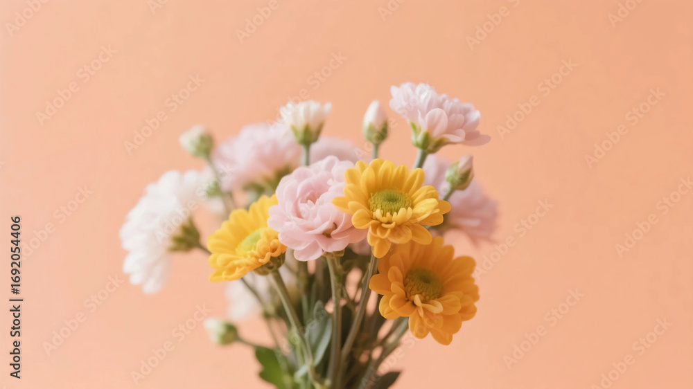 Fototapeta premium A bouquet of flowers on a pale orange background. gift image. Expressing gratitude