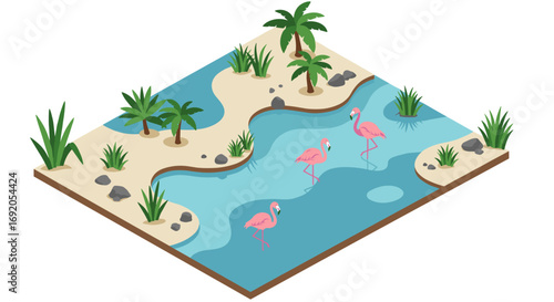 Isometric tropical oasis with flamingos and palm trees in a serene landscape