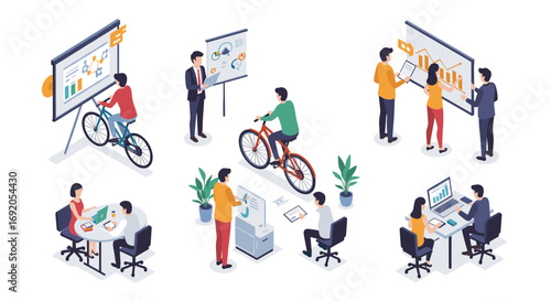 Modern isometric office scenes with business presentations and team collaboration