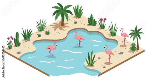 Tropical oasis with flamingos in isometric design featuring lush greenery and tranquil waters
