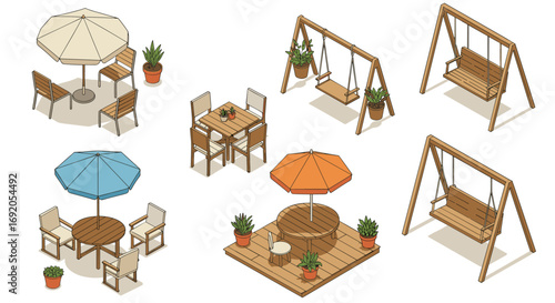 Isometric patio furniture sets with umbrellas and swings