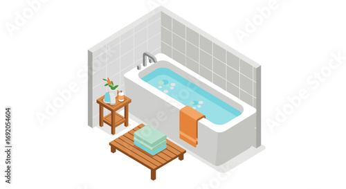 Isometric bathroom scene with tub and wooden furniture