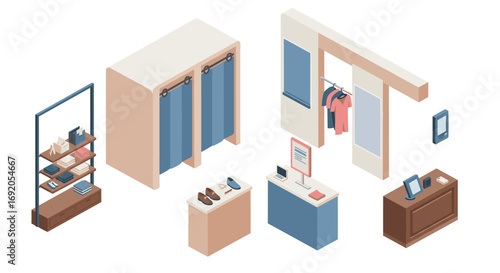 Isometric retail store interior with clothing and accessories