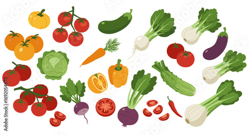 Fresh garden vegetables collection with leafy greens and root vegetables on white background