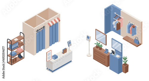 Isometric fashion boutique interior with dressing room, cashier, and clothing displays