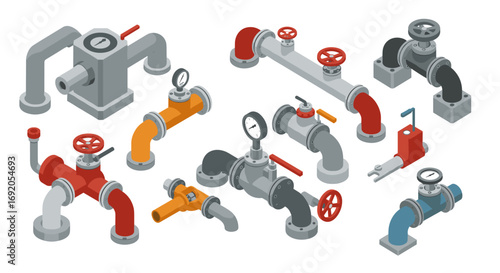 Isometric industrial pipe systems with valves and gauges illustration