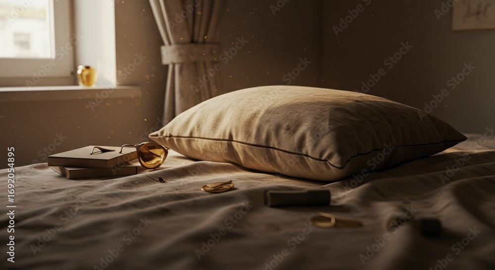 © AHSAN - Bed scene pillow books sunglasses and accessories on rumpled bedding in warm filtered light