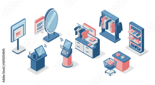 Isometric retail store elements with shopping cart, payment terminal, and clothing displays