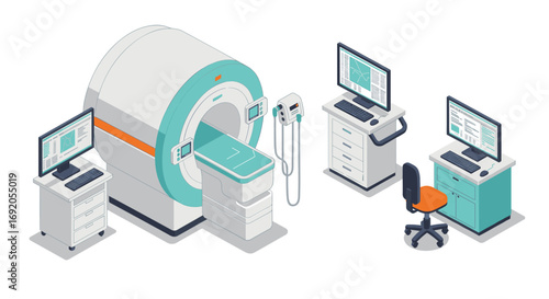 Modern isometric mri scanner in a medical facility with computer workstations