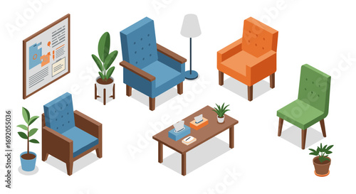 Modern office waiting room furniture with chairs and plants in isometric design
