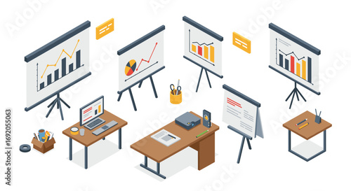 Modern isometric office workspace with presentation screens and graphs