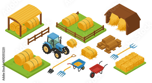 Farming equipment and hay bales in isometric farm design