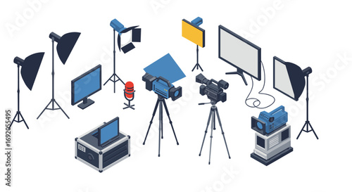 Isometric photography studio equipment with cameras, lights, monitors, and tripod setup
