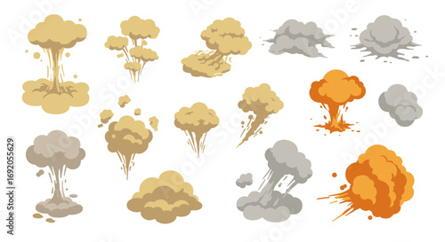 Collection of cartoon explosion clouds with smoke in flat style