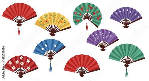 Colorful hand fans with floral patterns and tassels in a traditional design