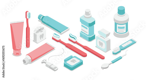 Isometric dental care tools in pastel colors