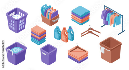 Isometric laundry supplies: colorful baskets, detergents, folded clothes and hangers