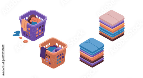 Isometric laundry baskets with folded clothes and stains on white background