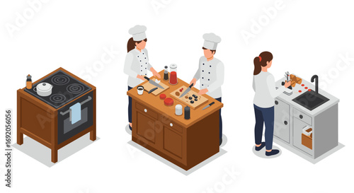 Isometric culinary scene with chefs cooking and kitchen activities