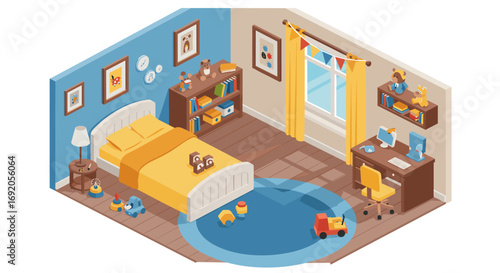 Cozy isometric children's room with toys and furniture in bright colors