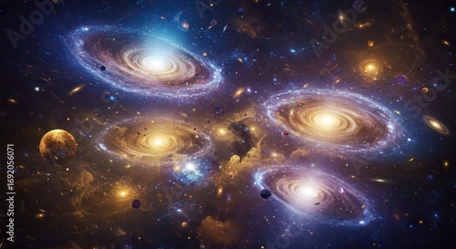 Space scene featuring multiple galaxies planets stars and nebulae rendered in blue purple and gold tones