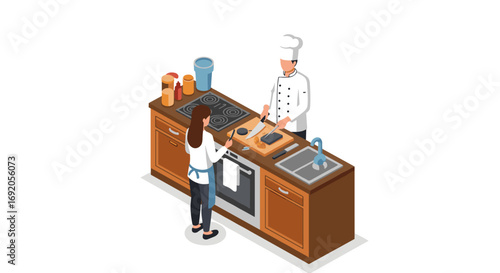 Isometric kitchen scene with chef and woman cooking together on wood counter