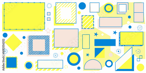 A vibrant abstract composition of geometric shapes and patterns in yellow blue and pink on a white background