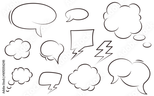 Comic speech bubbles, hand drawn doodle set. Empty different shapes clouds and frames for text. Dialog boxes bunch, black outline, vector elements
