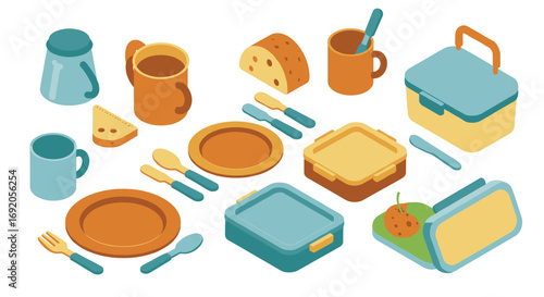 Colorful kitchen isometric design with food containers and tableware