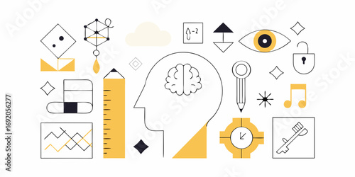 Abstract illustration of a human head with a brain and various symbols representing creativity learning and problem solving