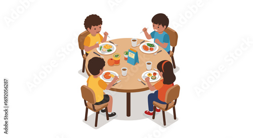 Children eating healthy lunch at round table in flat cartoon style