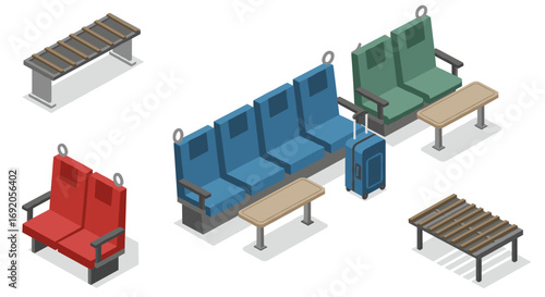 Isometric airport waiting area with colorful seats and luggage