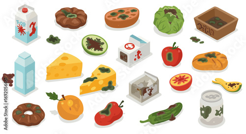 Spoiled food set: cartoon style rotten ingredients and moldy produce
