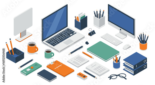 Modern office supplies isometric with laptop and stationery on desk