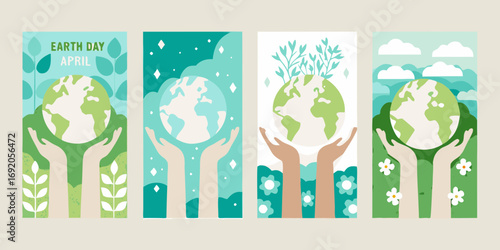 Four diverse illustrations of hands gently holding the earth symbolizing environmental care and earth day