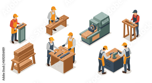 Isometric workshop scene with workers and machinery in dynamic woodworking environment