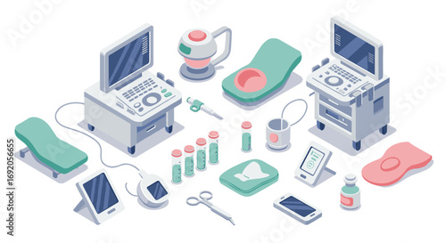 Isometric medical equipment set with ultrasound machines and tools