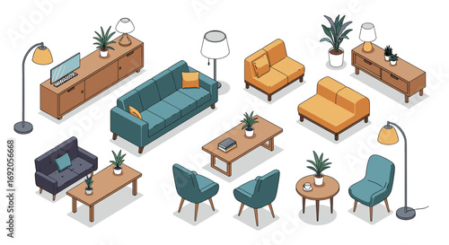 Modern isometric furniture set with sofas and plants for interior design