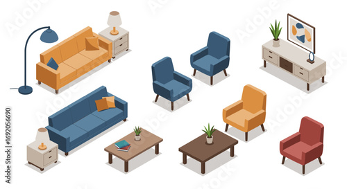 Isometric living room furniture set with colorful sofas and chairs