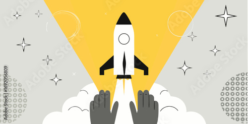 Stylized rocket launching into space with stars and abstract shapes in a minimalist flat design