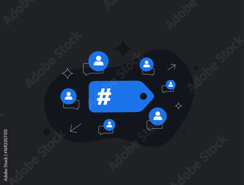 Social media hashtag with user icons and chat bubbles highlighting user engagement, online followers. User generated content, community interaction, viral content trends, isolated vector illustration